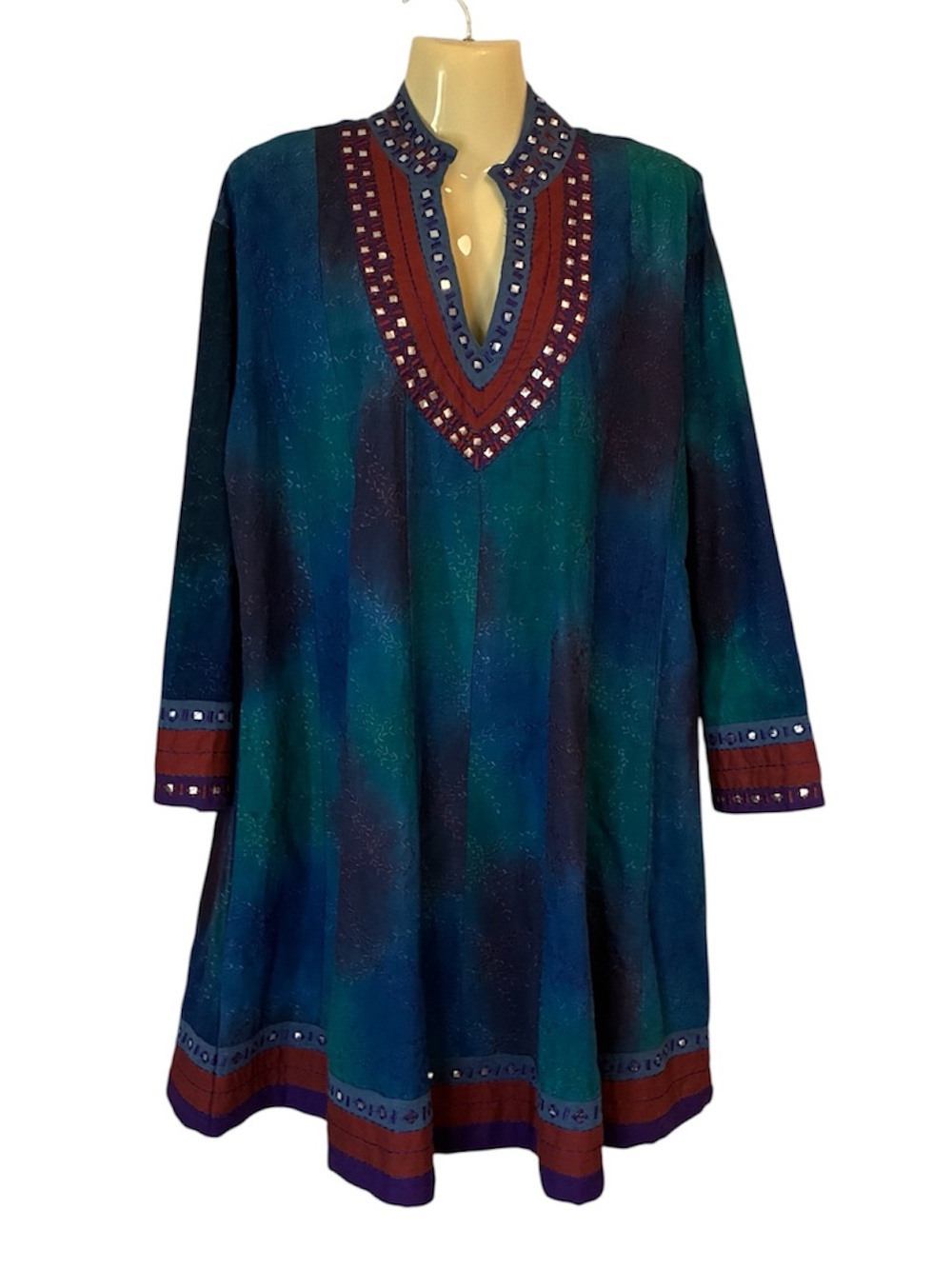 Anu Bohemian V-Neck Tunic Dress Mirror Studded Flowy Lagonlook Teal Navy XL